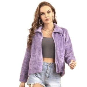 Furry Teddy Jacket Full Zip Up Long Sleeves Collar Pockets Fuzzy Purple Small